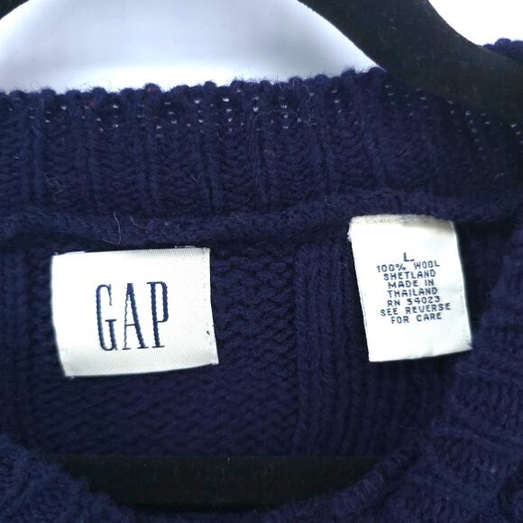 GAP Y2K Navy Shetland's Wool Cable Knit Pullover Sweater Crewneck Ribbed Hems L - Picture 7 of 13